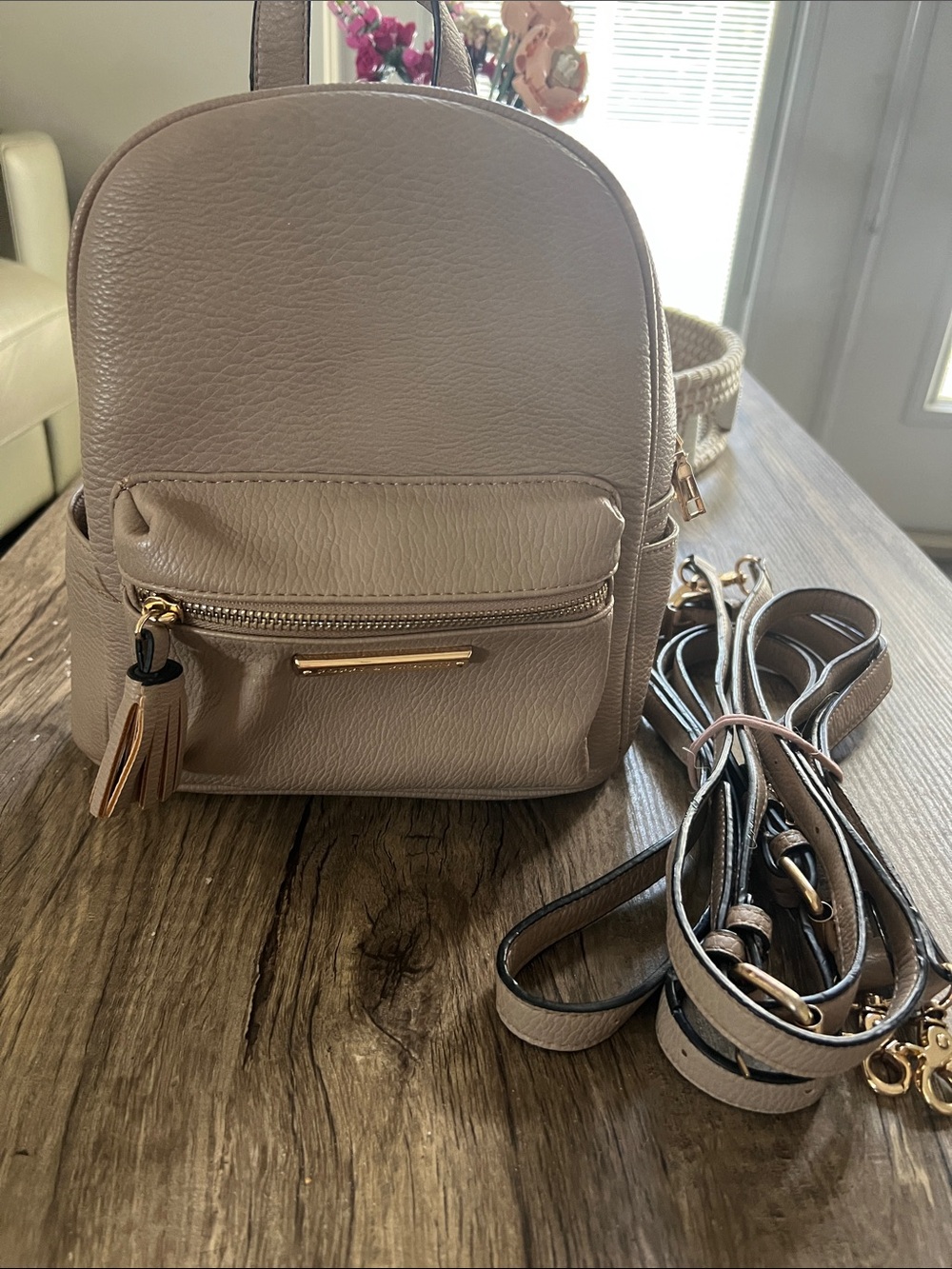 Poppy & Peonies Convertible Mini Backpack Crossbody - Taupe Pebbled Leather